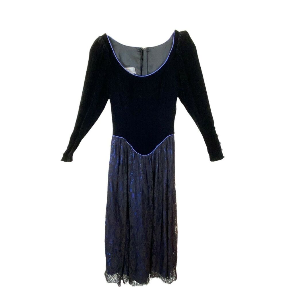 Jessica McClintock Dress Womens Black Blue Velvet Lace Midi Size 4 Vintage 80s